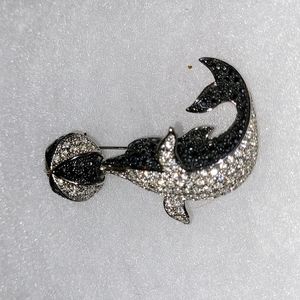 Dolphin Brooch Black & Silver Rhinestone Gems Porpoise Playing with Beach Ball